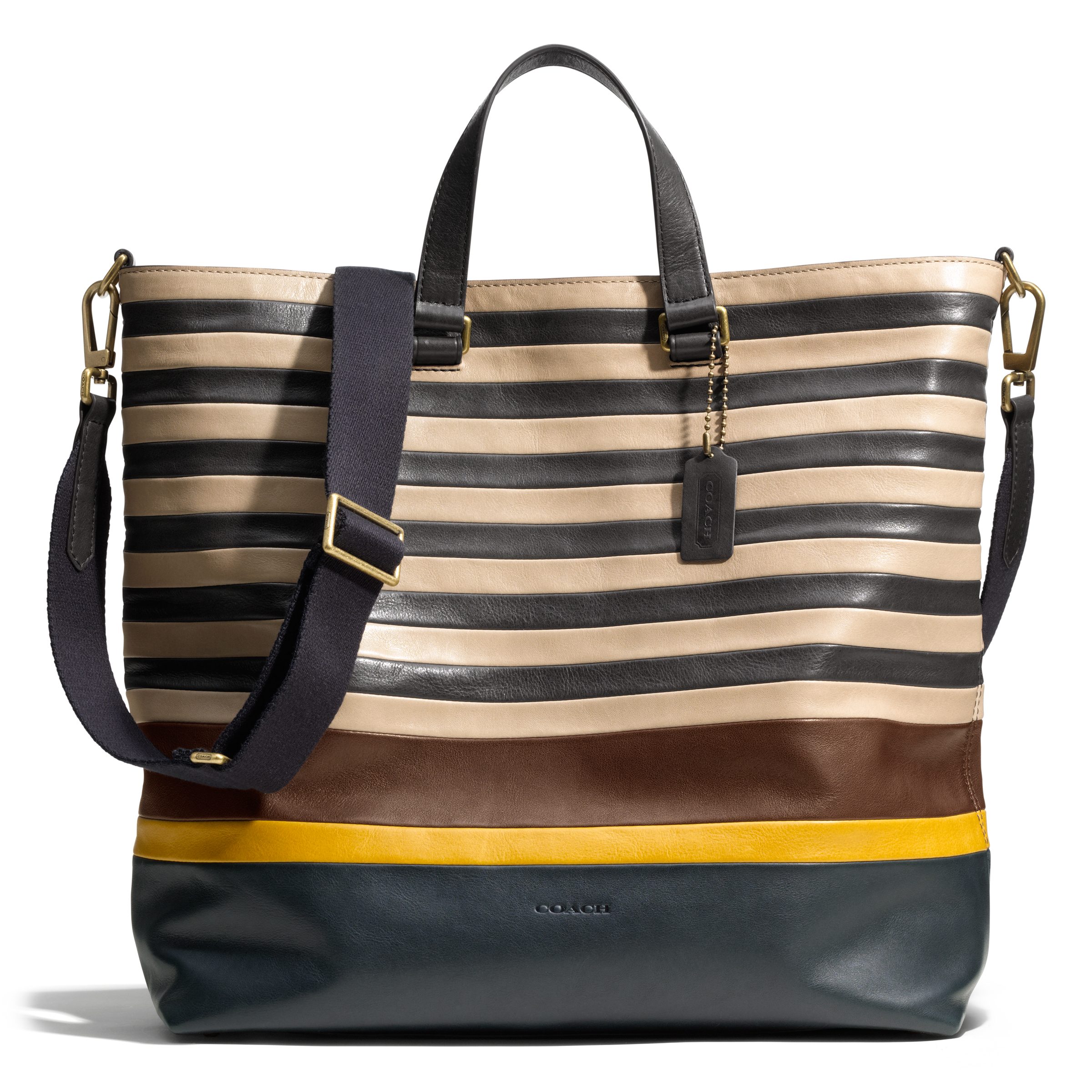 earn stripes spring 2014 bleecker day tote in bar stripe leather granite amp haystack option 1coach