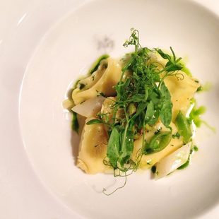 Smoked Boursin Agnolitti, White Asparagus, Sugar Snap and Fiddlehead Ferns