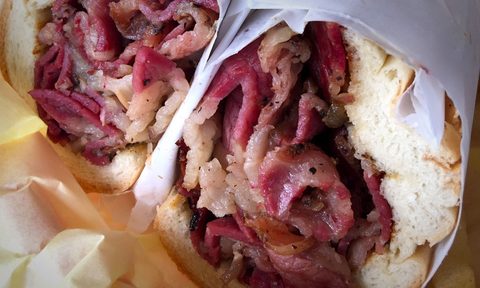 oinkster pastrami sandwich on french bread roll