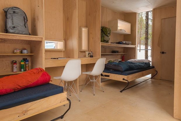 micro cabin, interior, birch wood sheeting