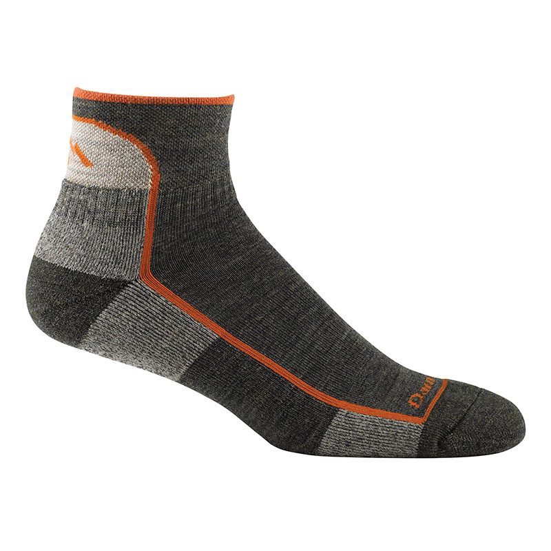 A two-tone gray Darn Tough sock on a white backgro