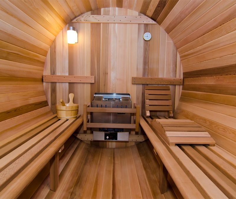 Barrel sauna inside.