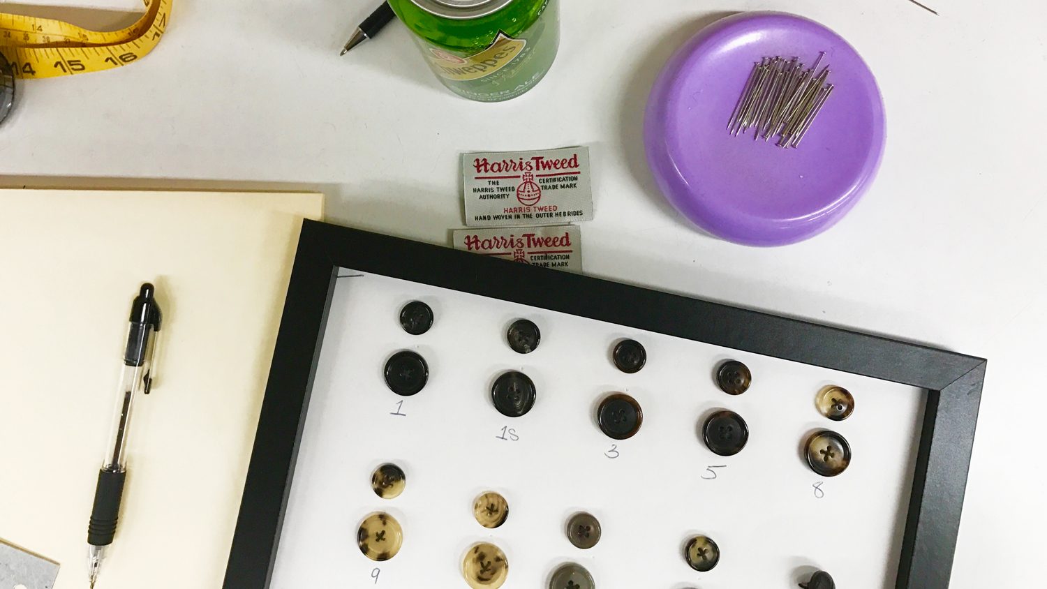 handmade suit martin greenfield buttons on a table in greenfields workshop