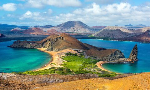 View of two beaches on Bartolome Island in the Galapagos Islands in Ecuador