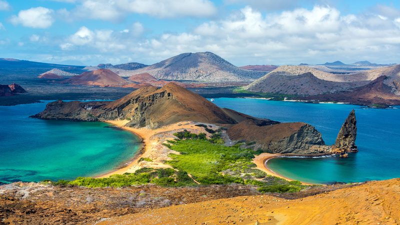 View of two beaches on Bartolome Island in the Galapagos Islands in Ecuador