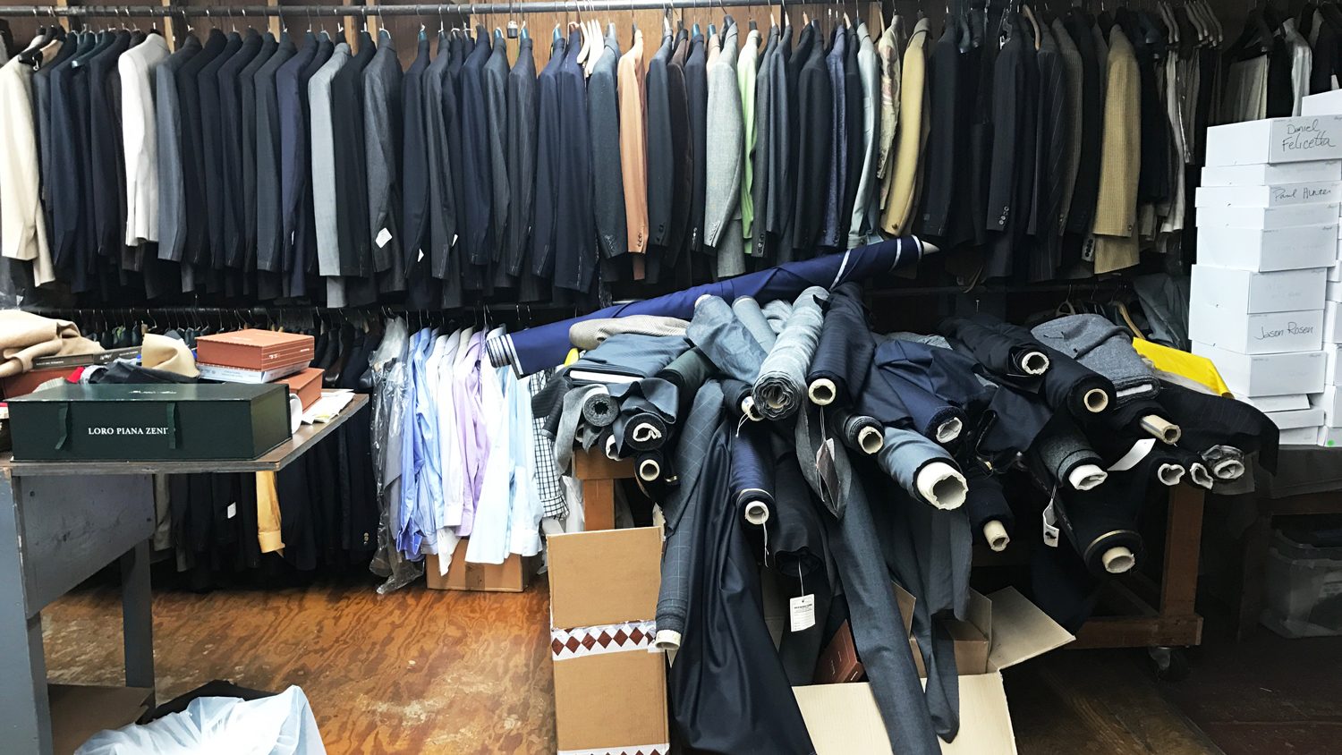 Suits and Fabric in Martin Greenfields Workshop