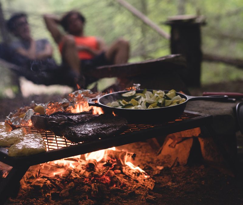Two men lounge in the background, while in the foreground, a pan of vegetables and a rack of meat cook over a campfire.