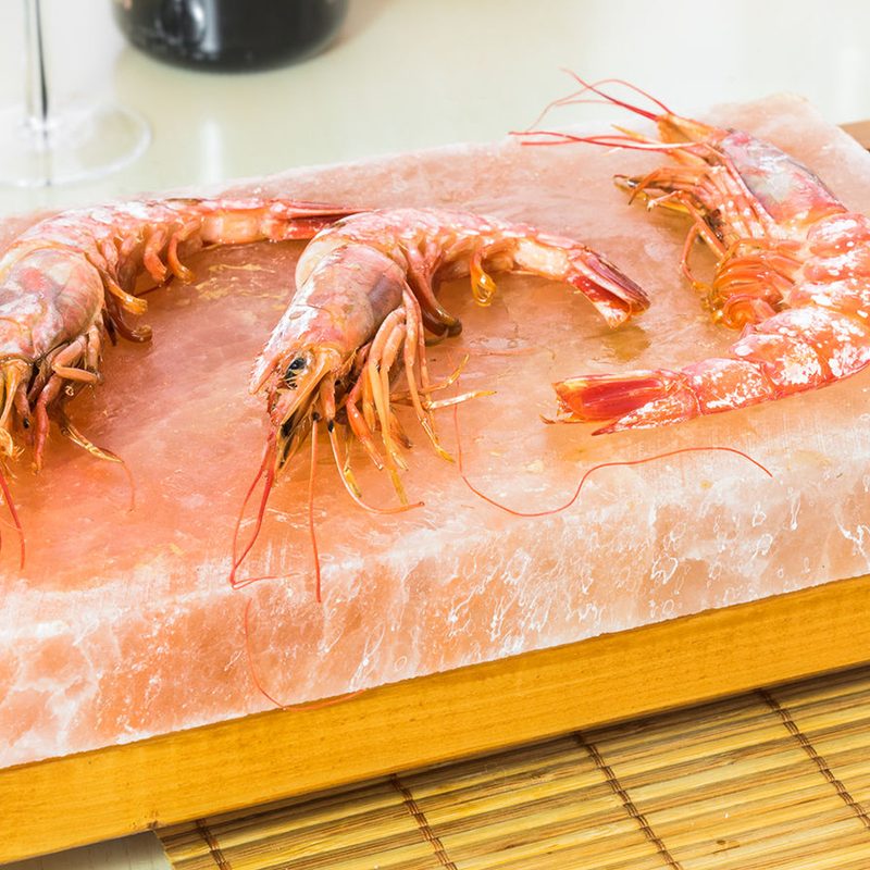 Himalayan rock salt blocks with shrimp