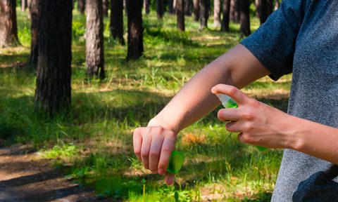 person spraying insect repellent