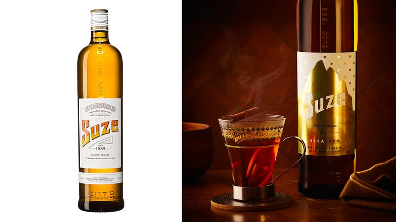 Suze and cocktail in a split-screen image.