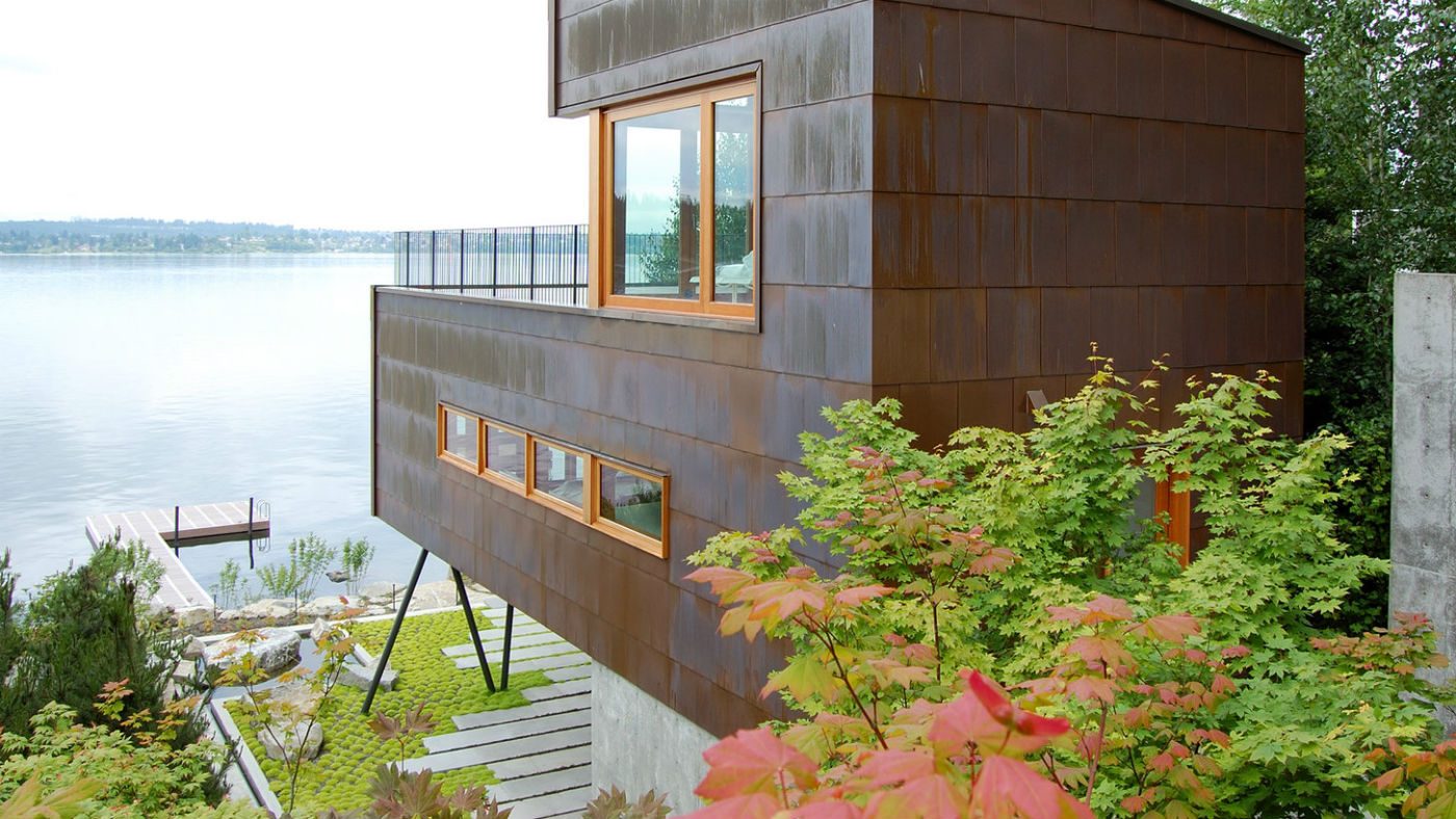 copper guest house on a lake