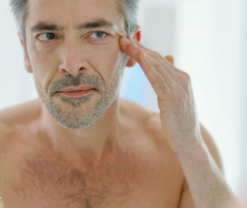 Man checking his skin in the mirror