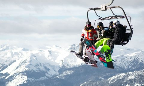 Snowboarders on a ski lift