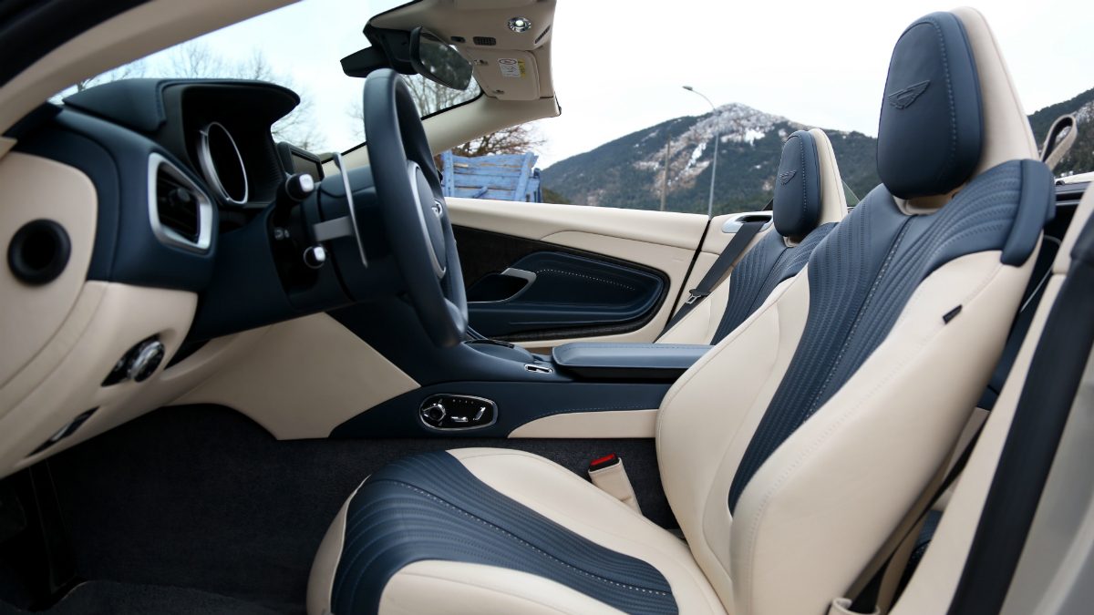 aston martin db11 volante first drive interior blue cream 1