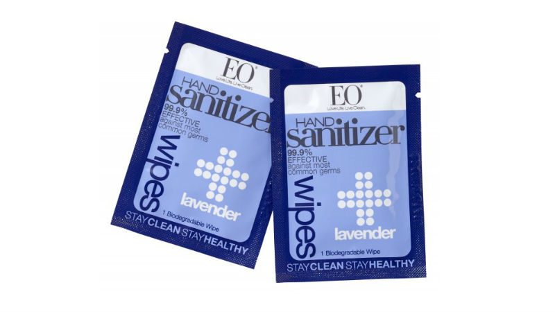 EO Lavender Hand Sanitizer Wipes displayed on a white background.