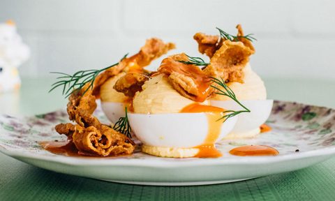 fried chicken skin deviled eggs