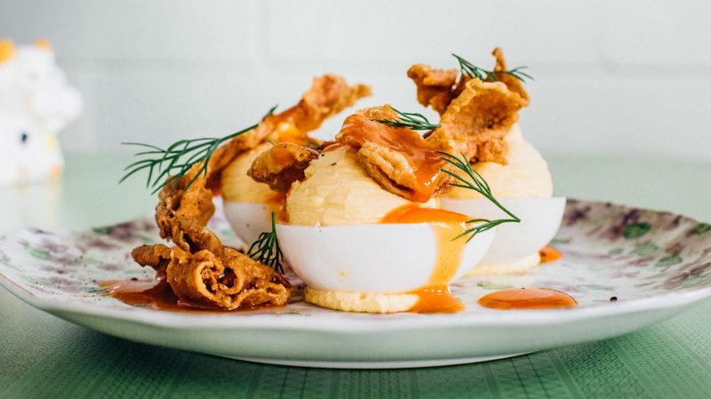 fried chicken skin deviled eggs