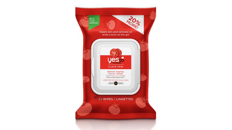 YesTo Tomatoes Blemish Clearing Facial Wipes displayed on a white background.