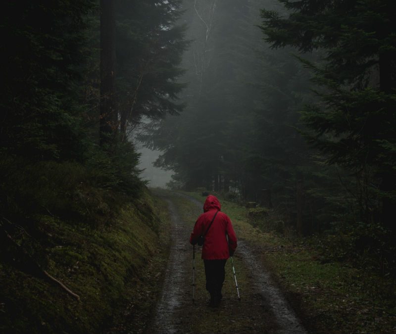 Camping in the rain hiking trekking poles