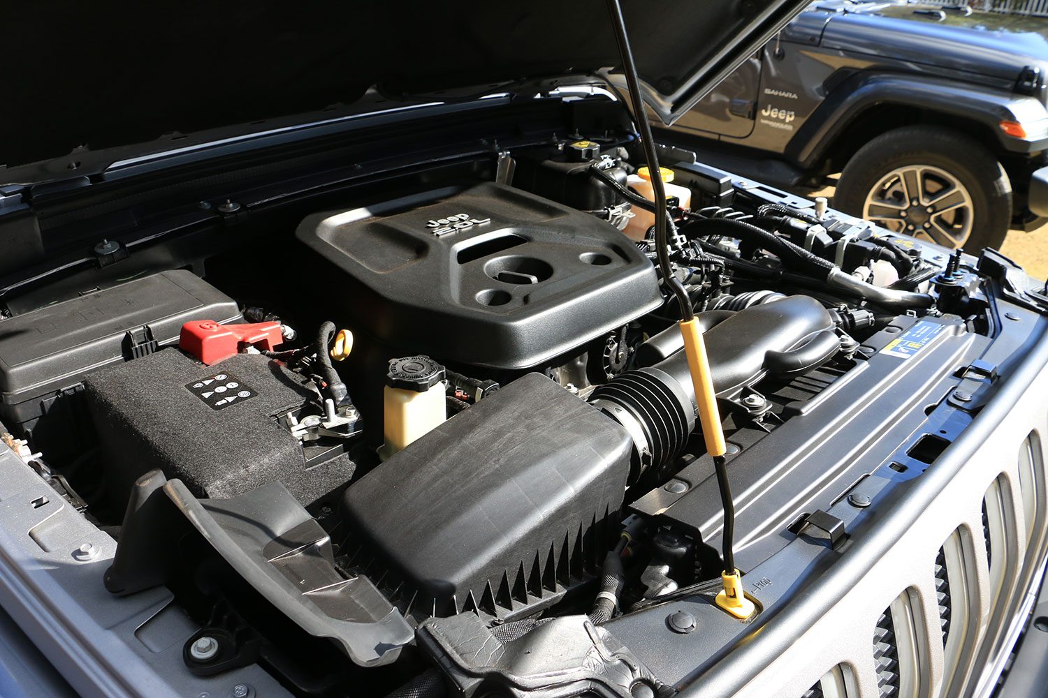 Under the hood of a 2018 Jeep Wrangler.
