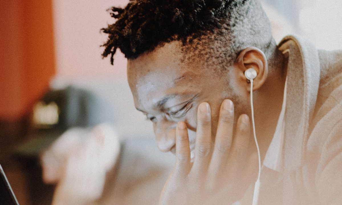 Person listening to podcast