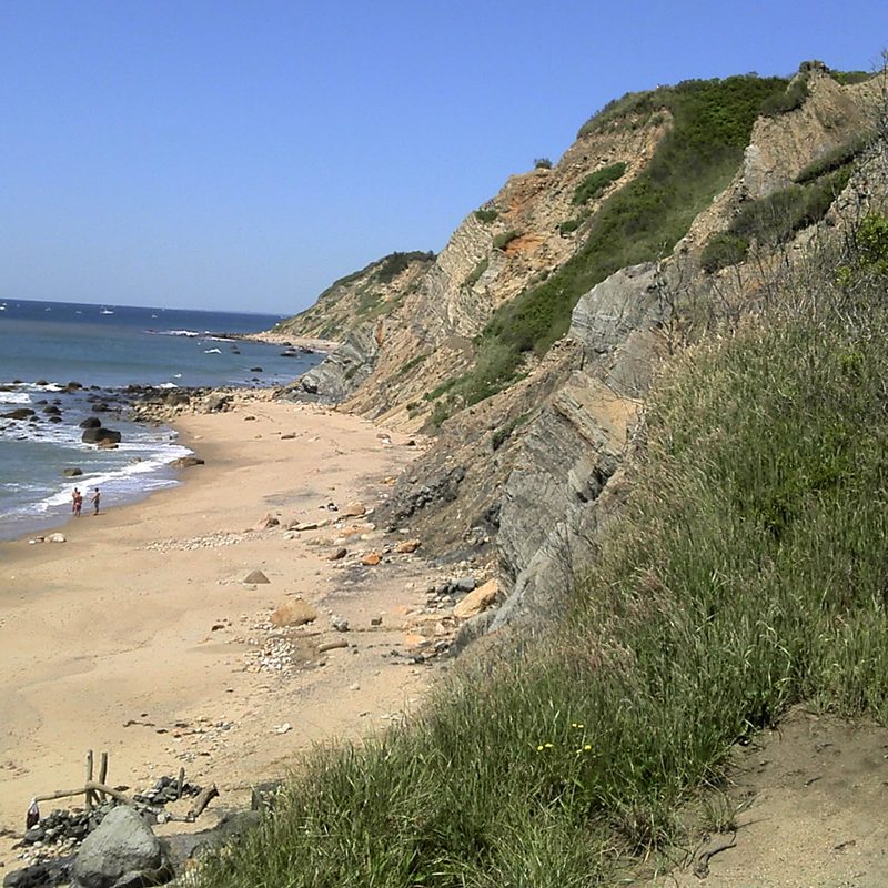 Mohegan Bluffs towering over the beaches Block Island in Rhode Island.