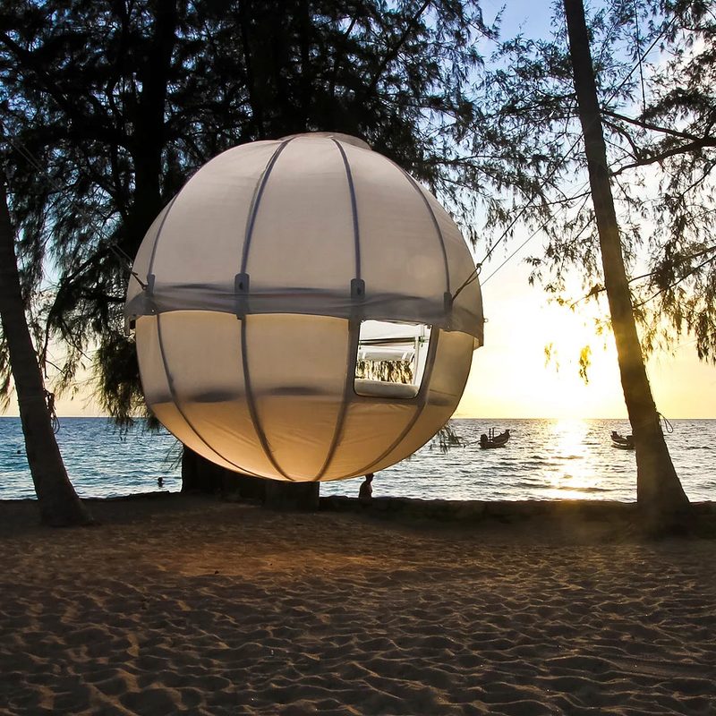 Cocoon Tree luxury glamping shelter suspended between trees near a beach.