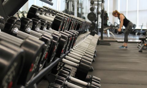 Dumbbell weights on a gym rack in a gym.