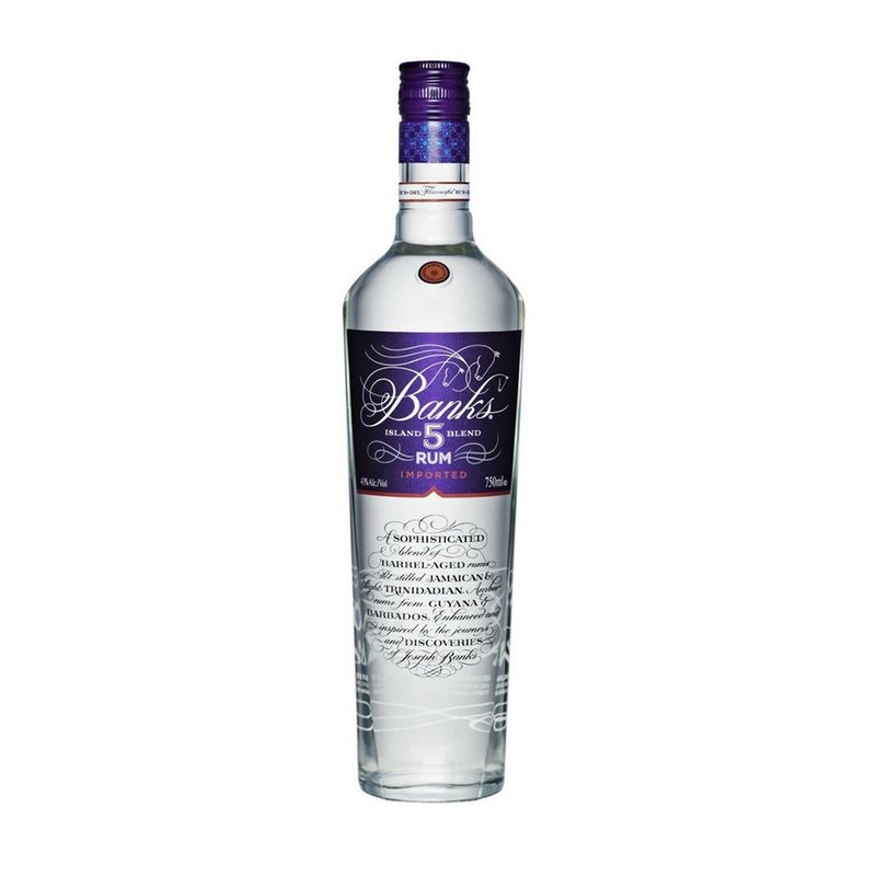 A bottle of Banks 5 Island Rum on white background.