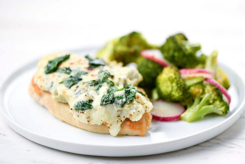spinach-artichoke chicken with broccoli and radishes