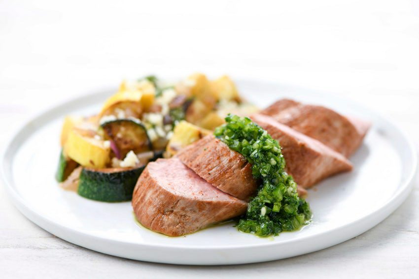 chimichurri pork tenderloin with zucchini and yellow squash