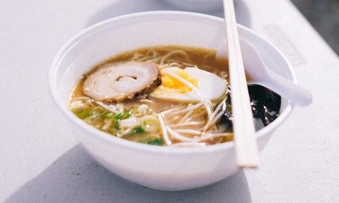 Ramen in a white bowl