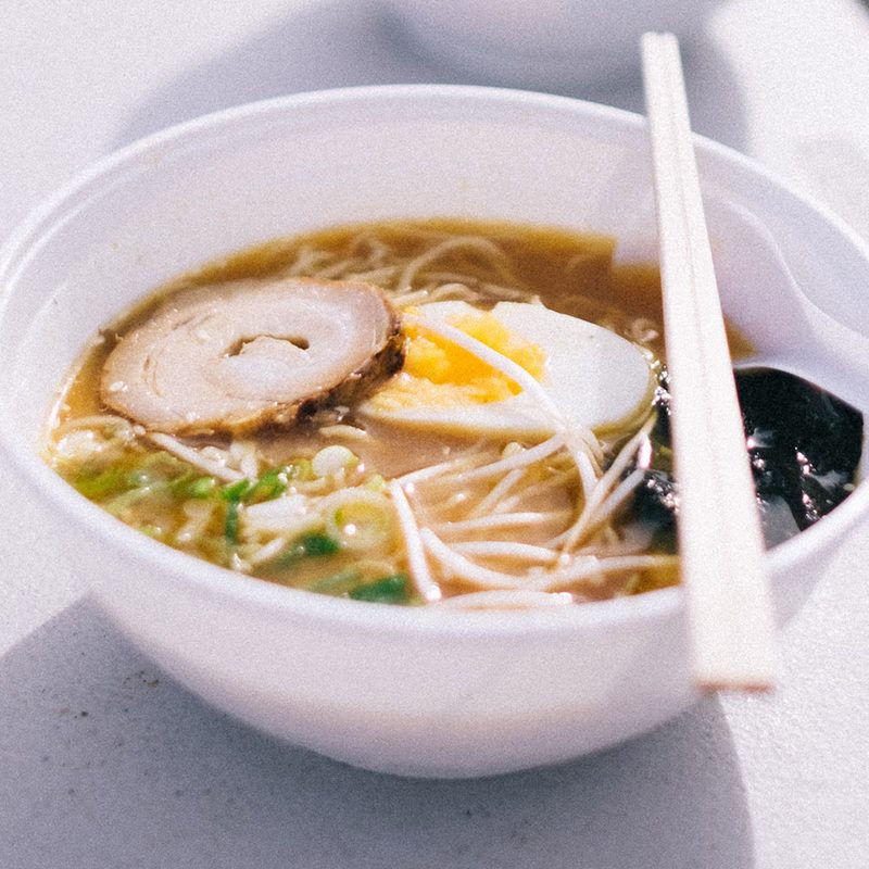 Ramen in a white bowl