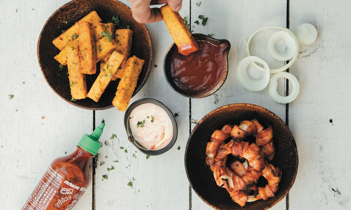 polenta chips and bacon onion rings