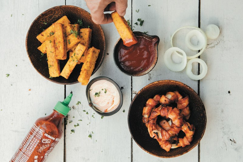 polenta chips and bacon onion rings