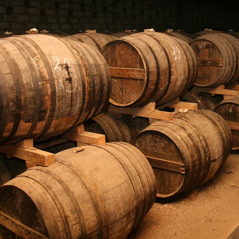 Cognac barrels in a distillery.