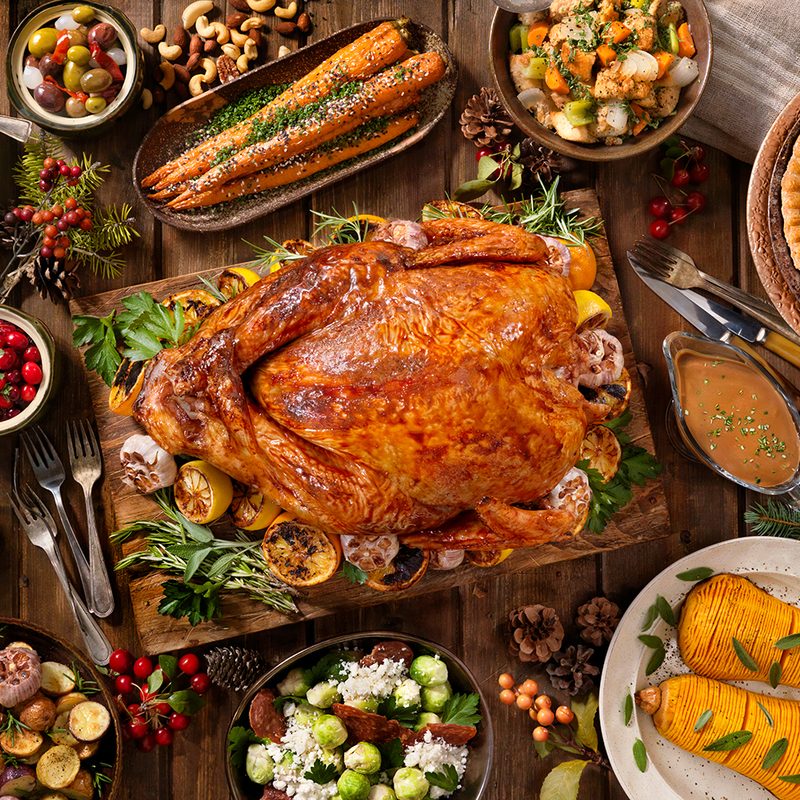 Turkey dinner spread close-up