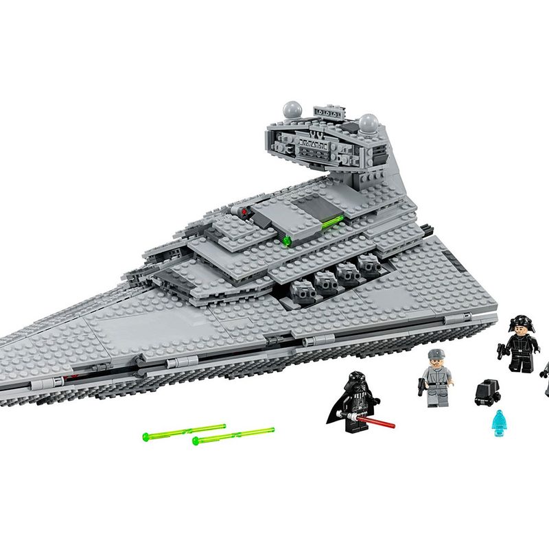A completed Lego Imperial Star Destroyer and Star Wars mini figures.