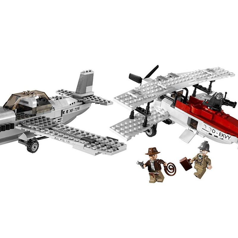 Two Indiana Jones mini figures and completed fighter plane models.