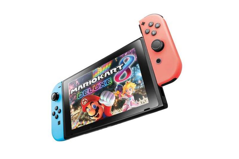 A Nintendo Switch displaying Mario Kart 8 Deluxe on a white background.