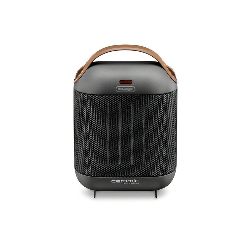 A black DeLonghi Compact Ceramic Space Heater on plain background.