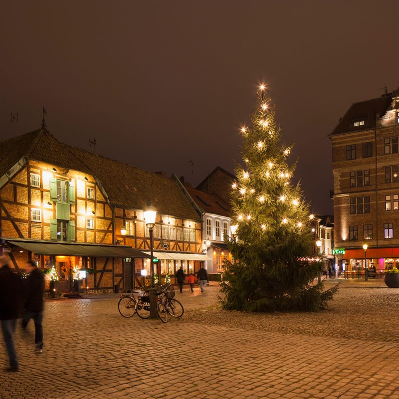 A town square decorated for Christmas near Stockholm, Sweden