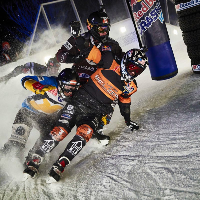 downhill ice cross racing red bull crashed cameron naasz marco dallago aut usa kyle croxall can scott