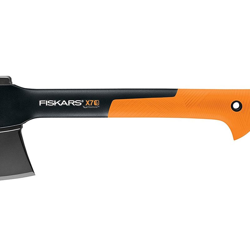 A black and orange Fiskars X7 hatchet on a white background.