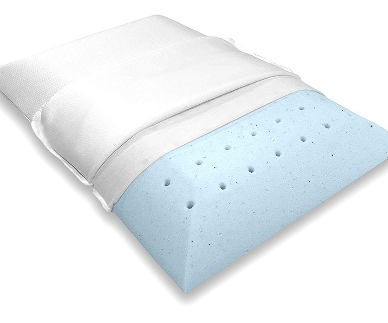 Bluewave's Ultra Slim Gel-Infused Memory Foam Pillow over a white background.