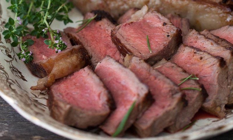New York strip steak slices on a plate