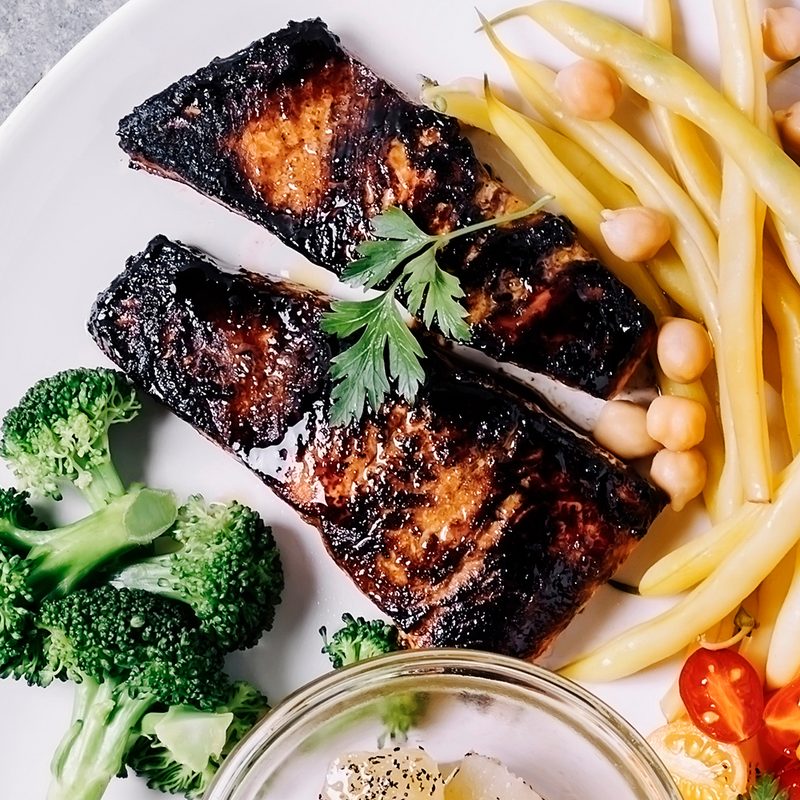 Seared salmon and vegetables dish