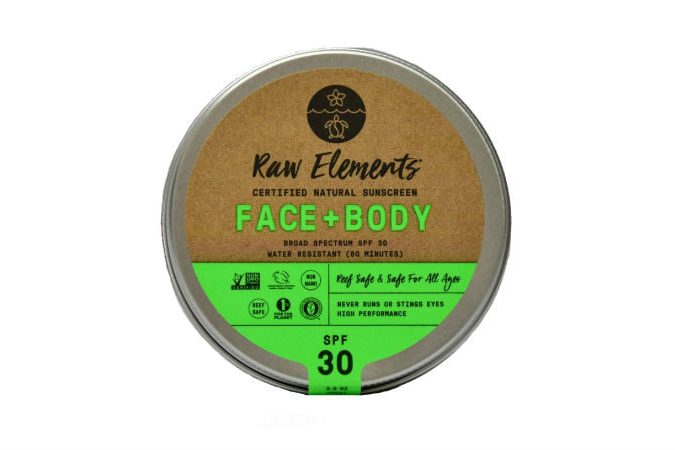 Raw Elements Face and Body sunscreen container.