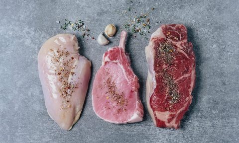 Steak, chicken and pork.