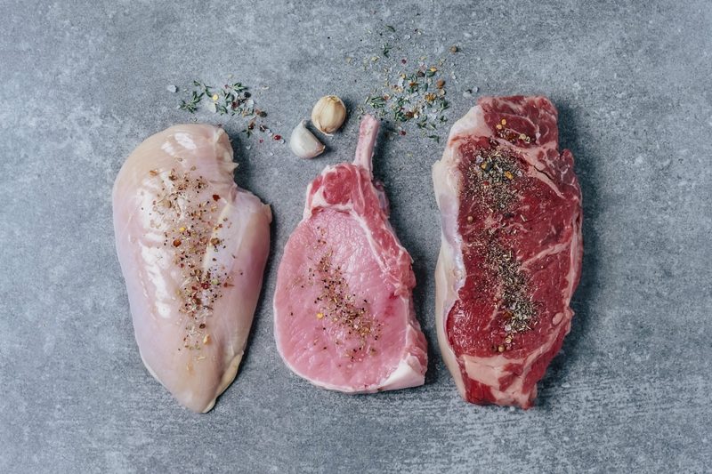 Steak, chicken, and pork